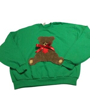 Jerzees  Green Crew Neck Sweatshirt with Fuzzy Teddy Bear Applique and Red Bow L